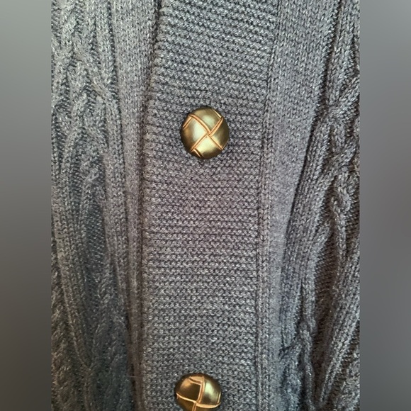 Roundtree & Yorke navy blue Cable Knit Sweater cardigan leather buttons collared - Picture 3 of 8